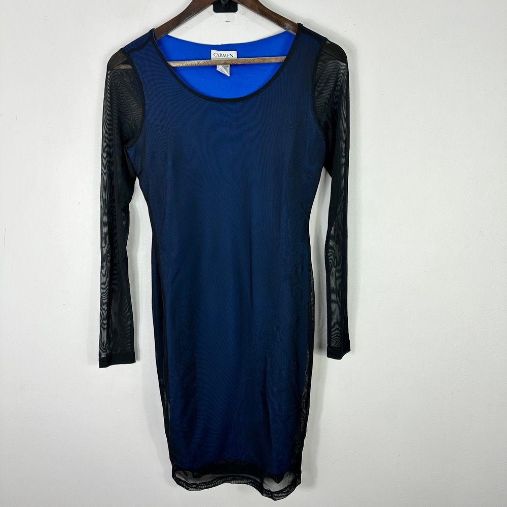 Carmen Marc Valvo Dress S Blue Mesh Sleeve Bodycon Cocktail Night Out Party